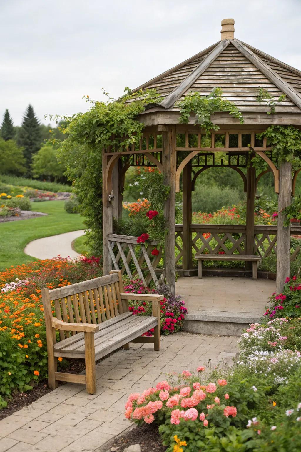 A rustic wooden gazebo brings nature right to your doorstep.