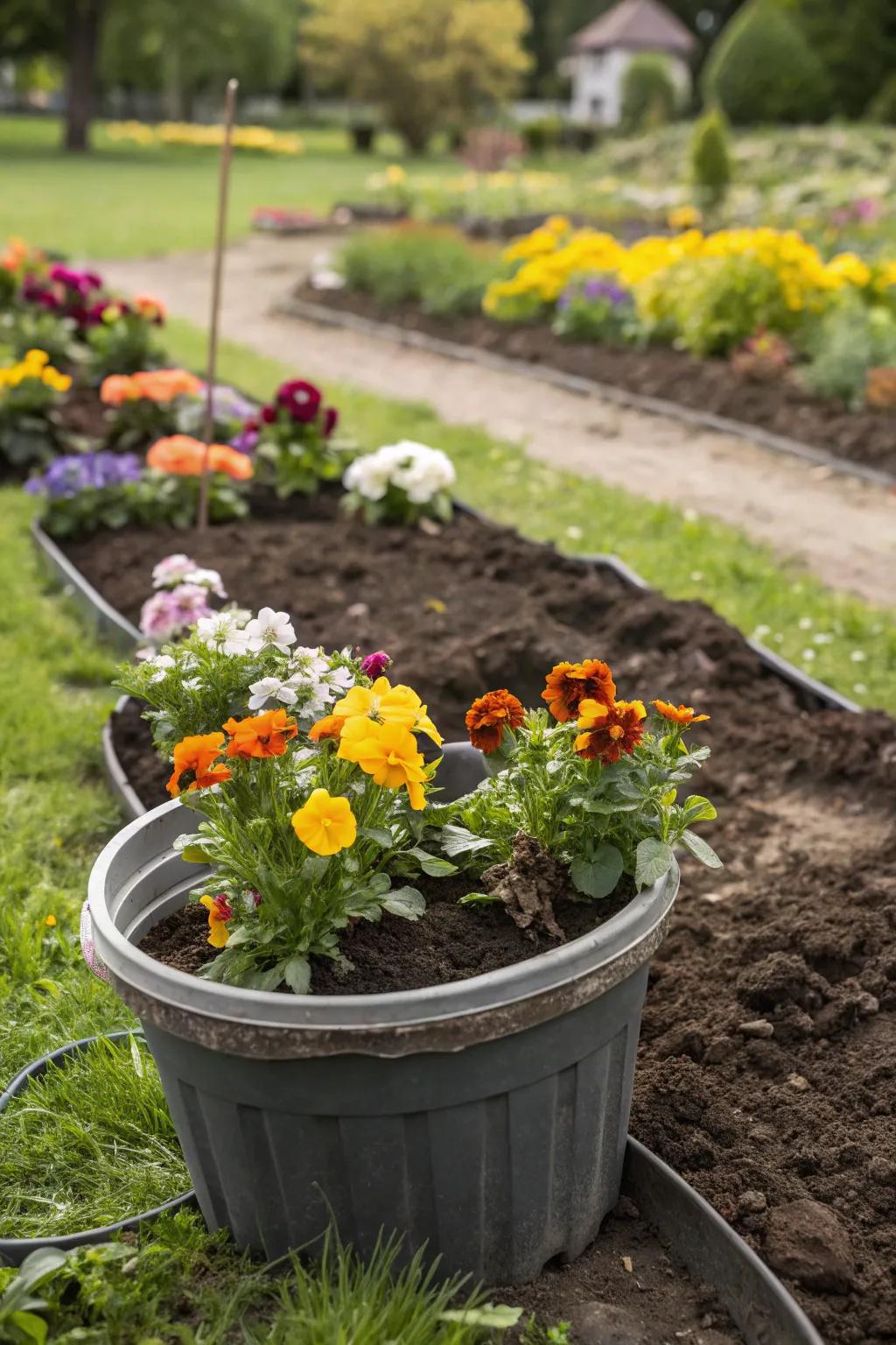 Easily switch out seasonal plants with the pot-in-pot method.