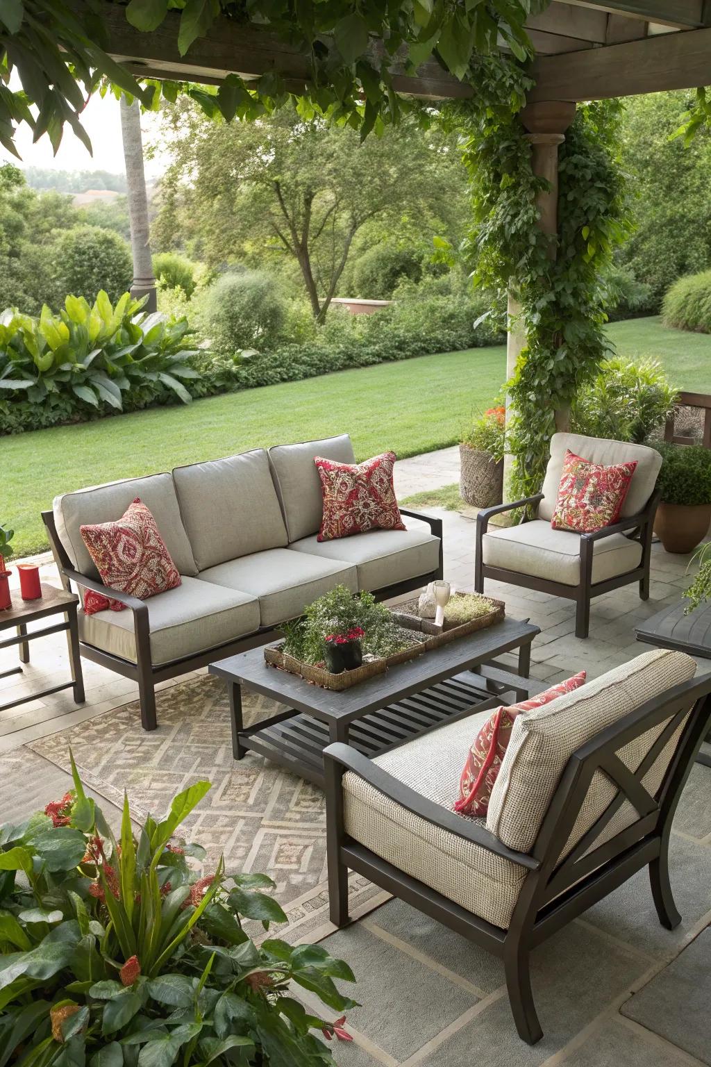 A cozy outdoor living room setup perfect for relaxation and gatherings.