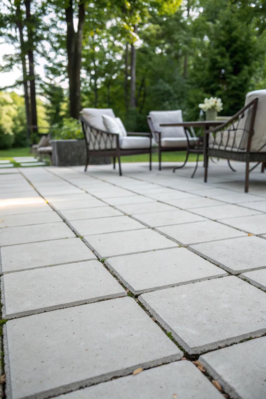 A sleek grid layout using 24x24 concrete pavers for a modern patio vibe.