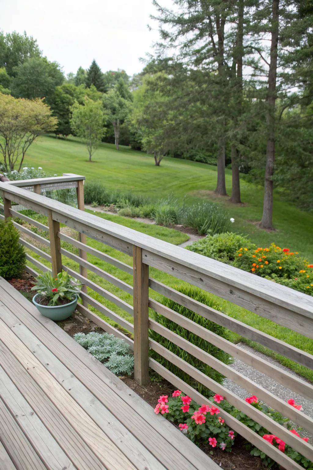 Horizontal 2x6 slats offer a clean and classic deck railing design.