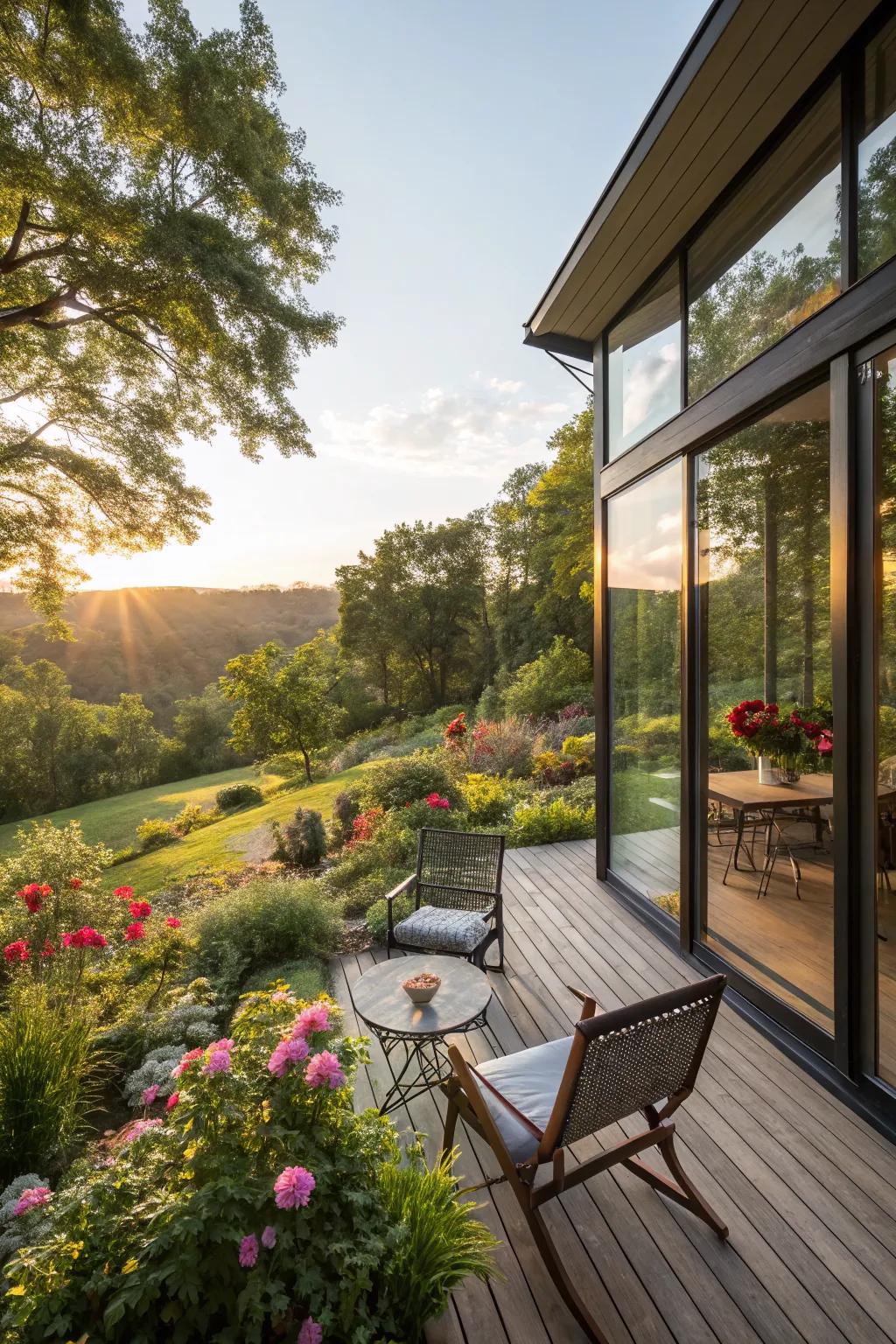 Large windows transform the deck with natural light and garden views.