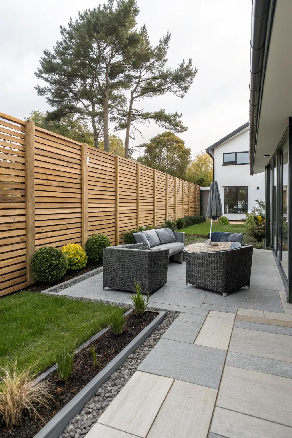 Embrace modern design with horizontal slat fence panels for a sleek backyard.