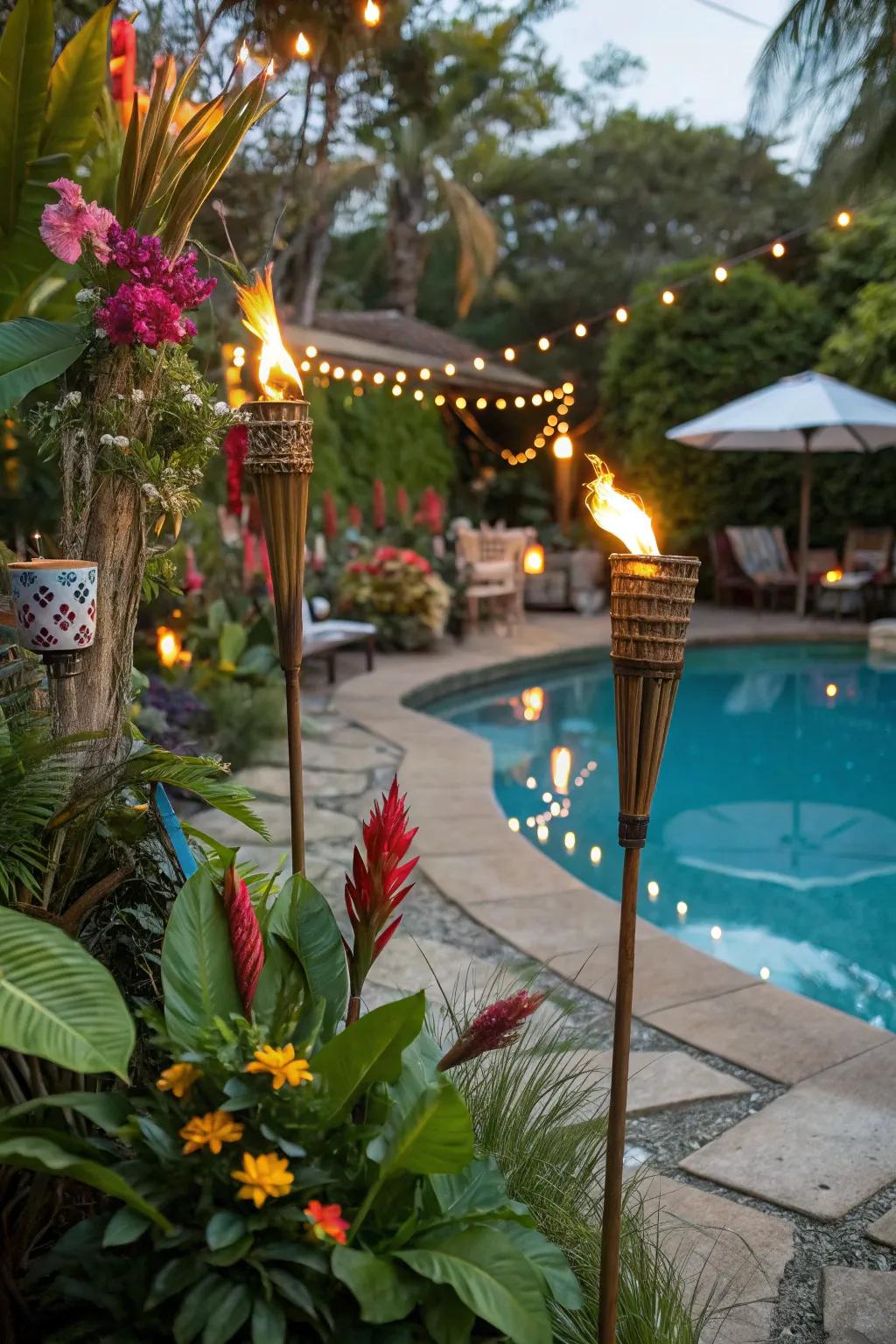 Experience a tropical escape with vibrant decorations and lush greenery.