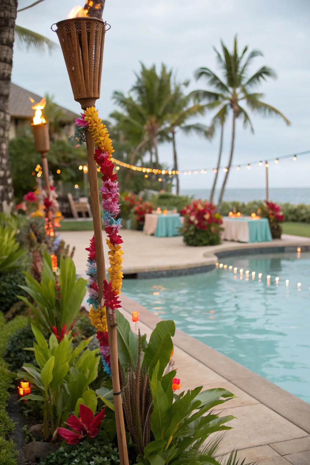 Transform your poolside into a tropical paradise with a luau theme.