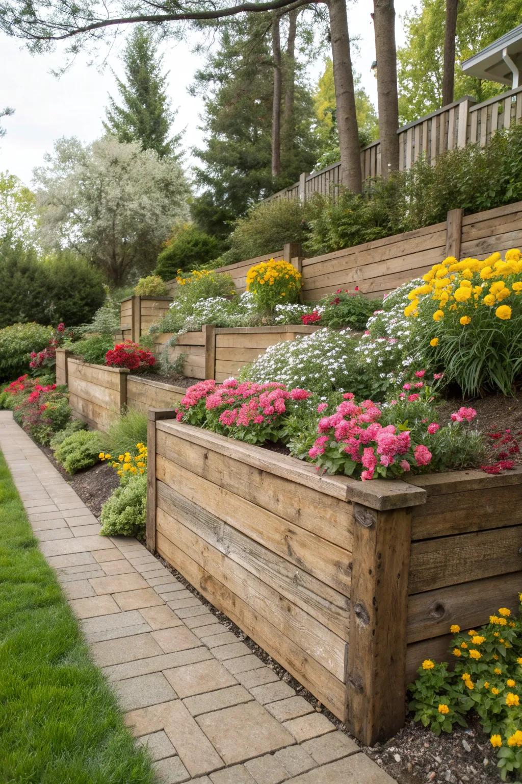 A classic timber retaining wall that exudes timeless elegance.