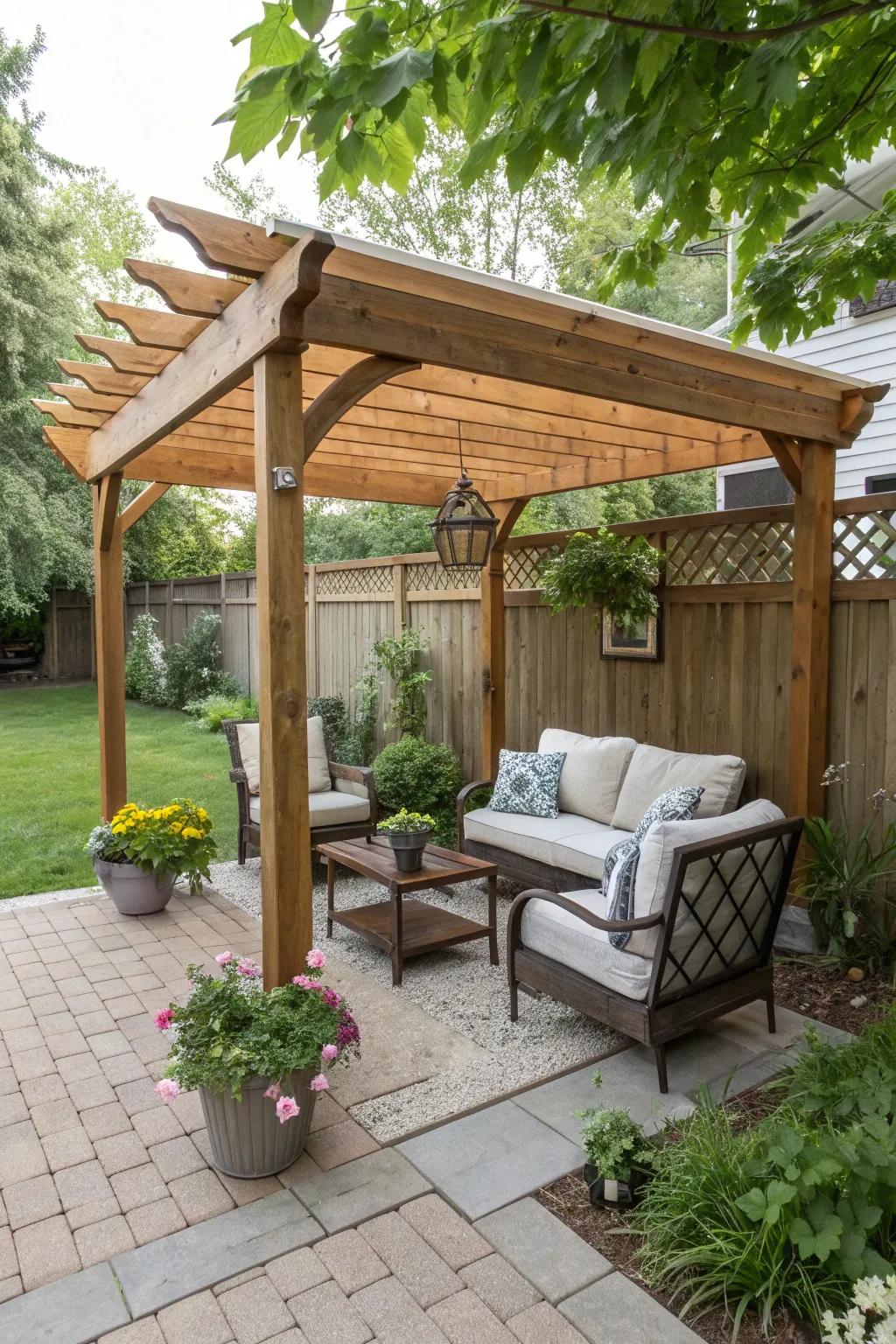 A wooden pergola adds both shade and style to a small patio.
