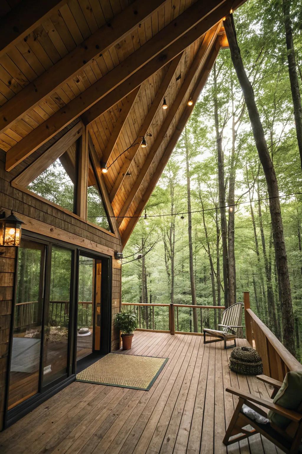 Natural wood beams create a rustic ambiance on this A-frame porch.
