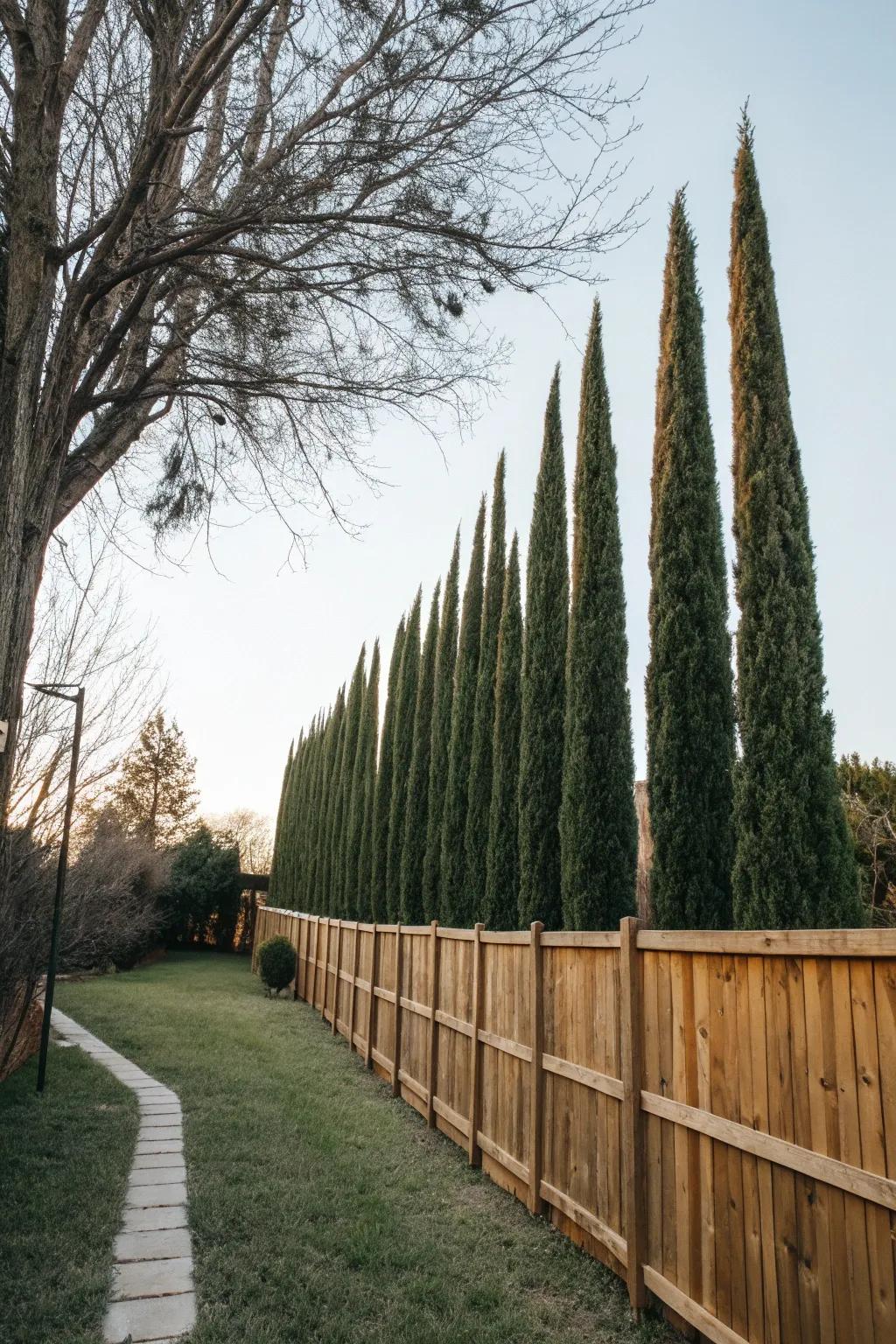 Italian Cypress trees provide a touch of elegance and privacy.