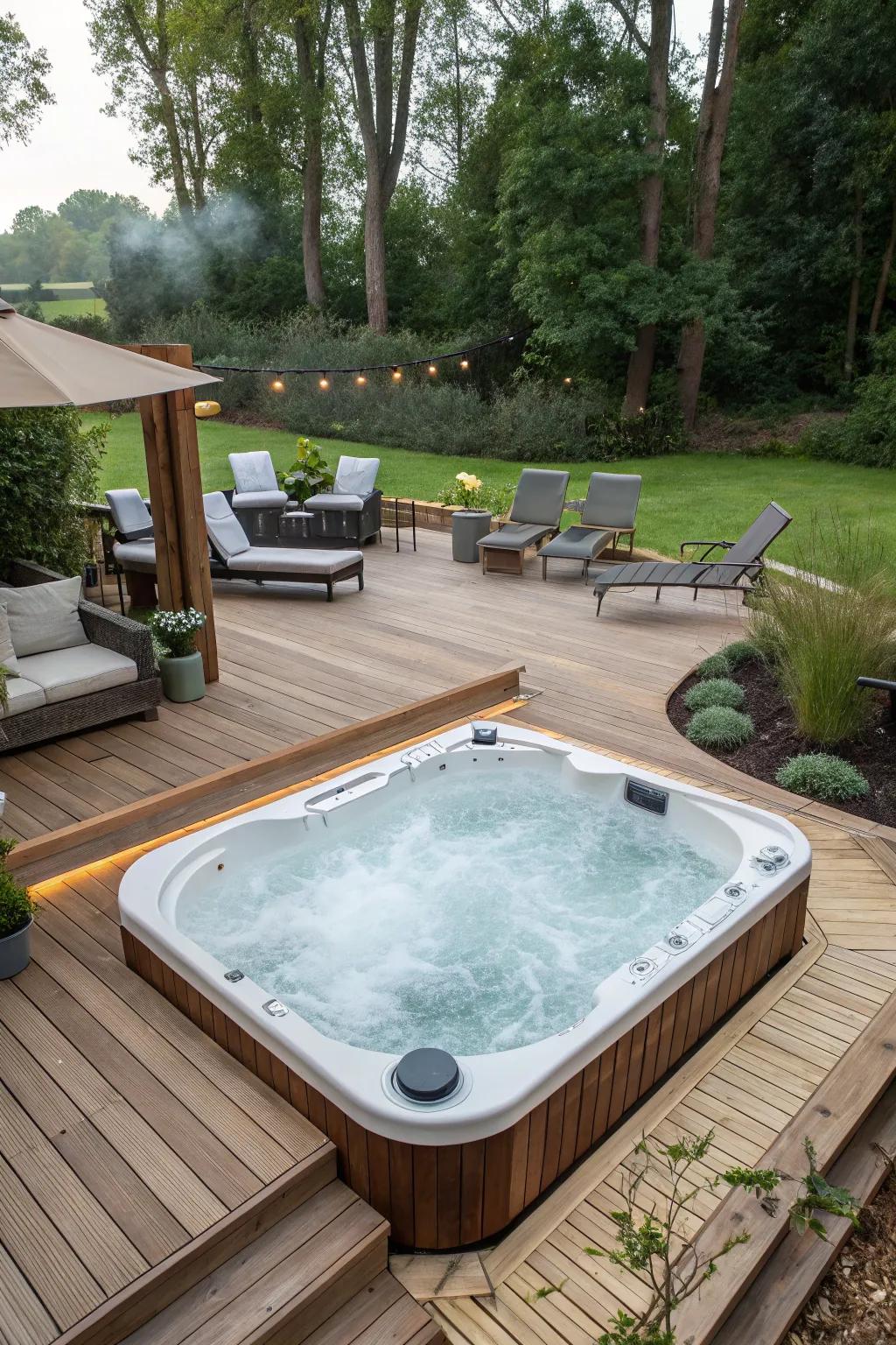 An above-ground hot tub beautifully integrated into a wooden deck.