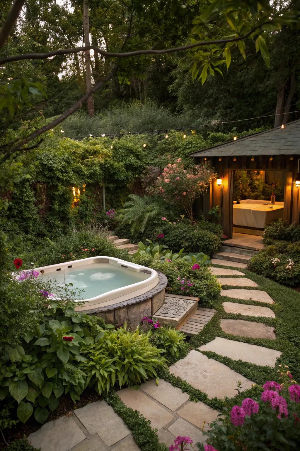 Blend your jacuzzi into the landscape with lush greenery.