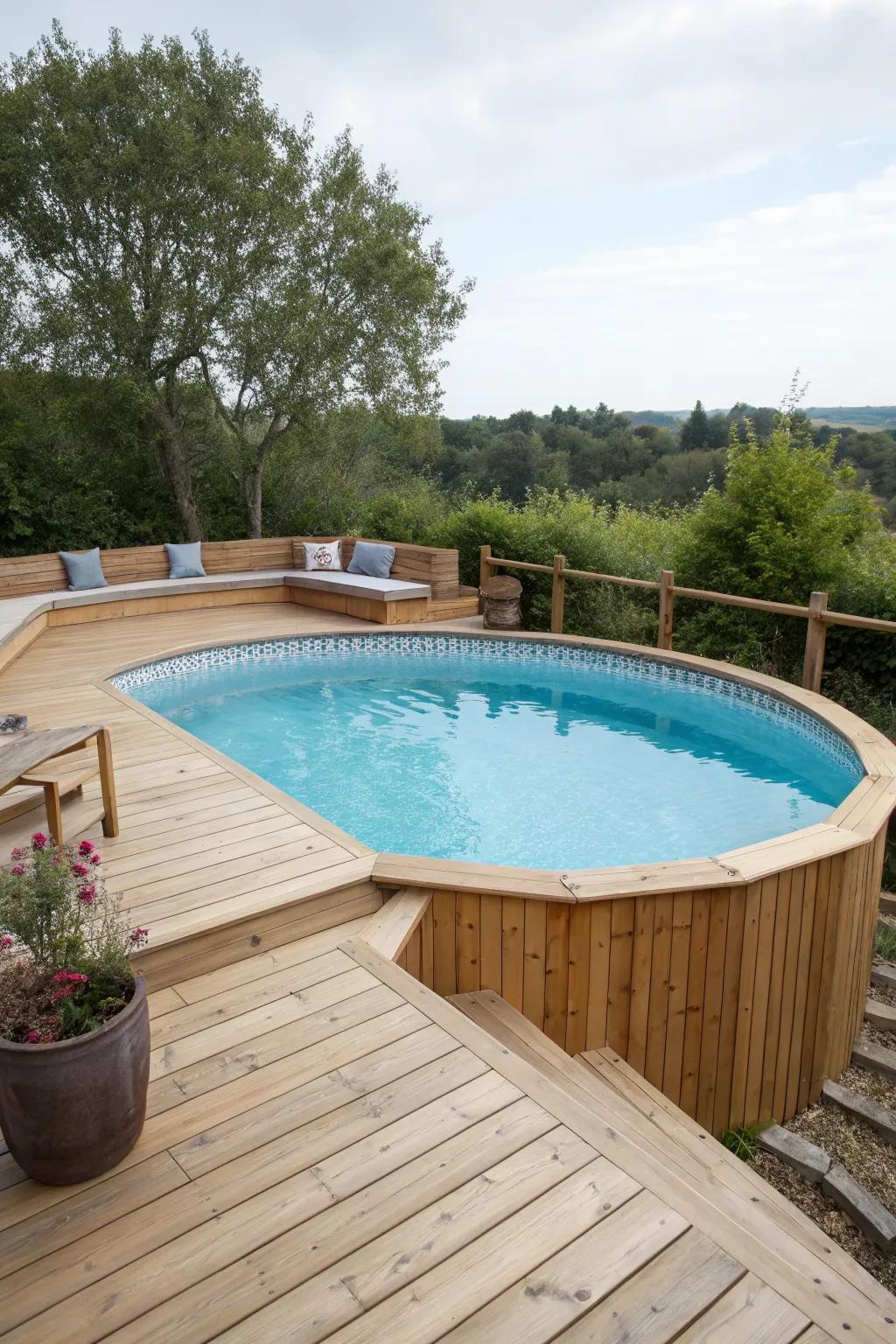 A warm wooden deck transforms an above ground pool into a cozy retreat.