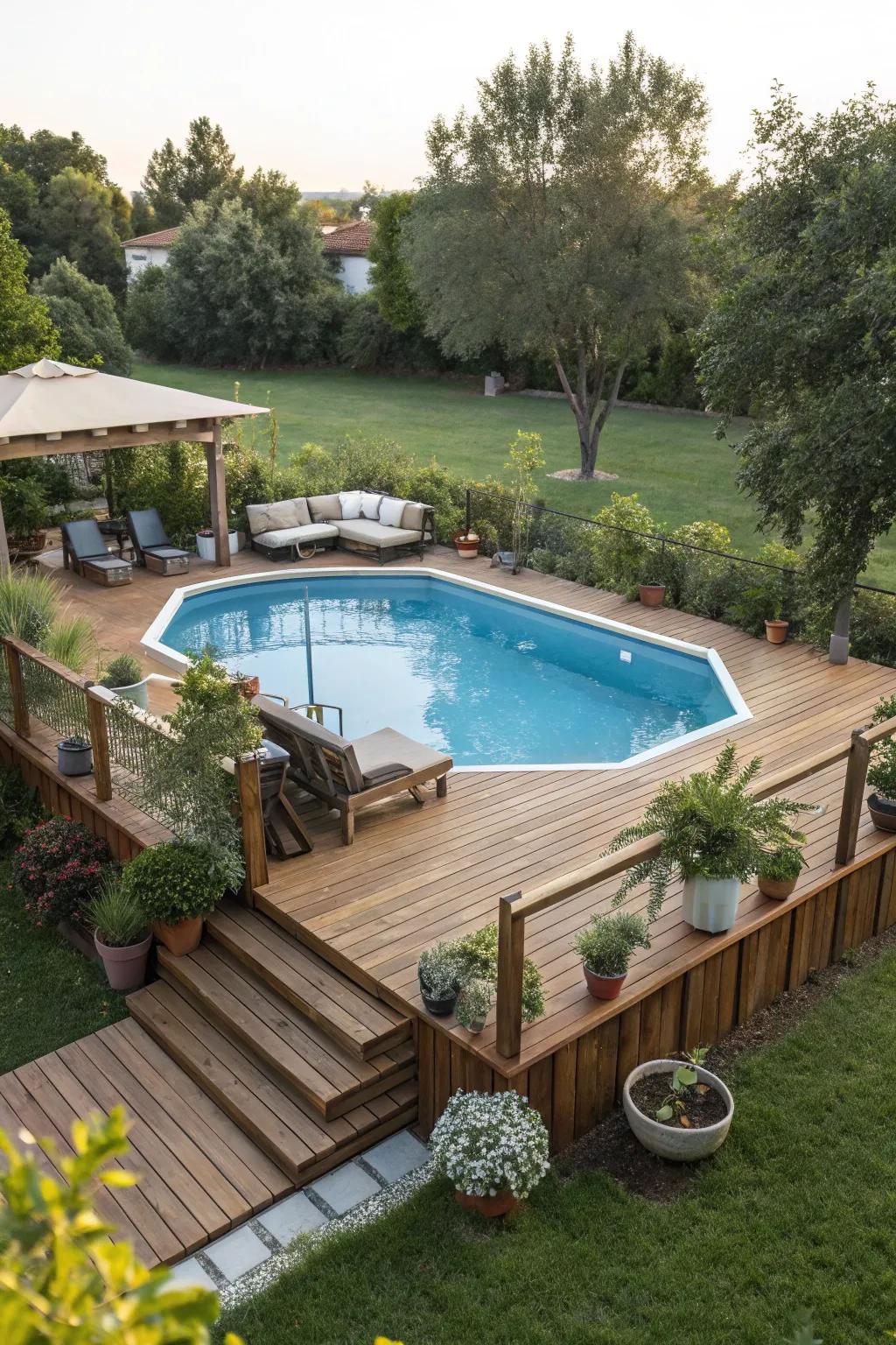 A wooden deck enhances the functionality and aesthetics of your above-ground pool.
