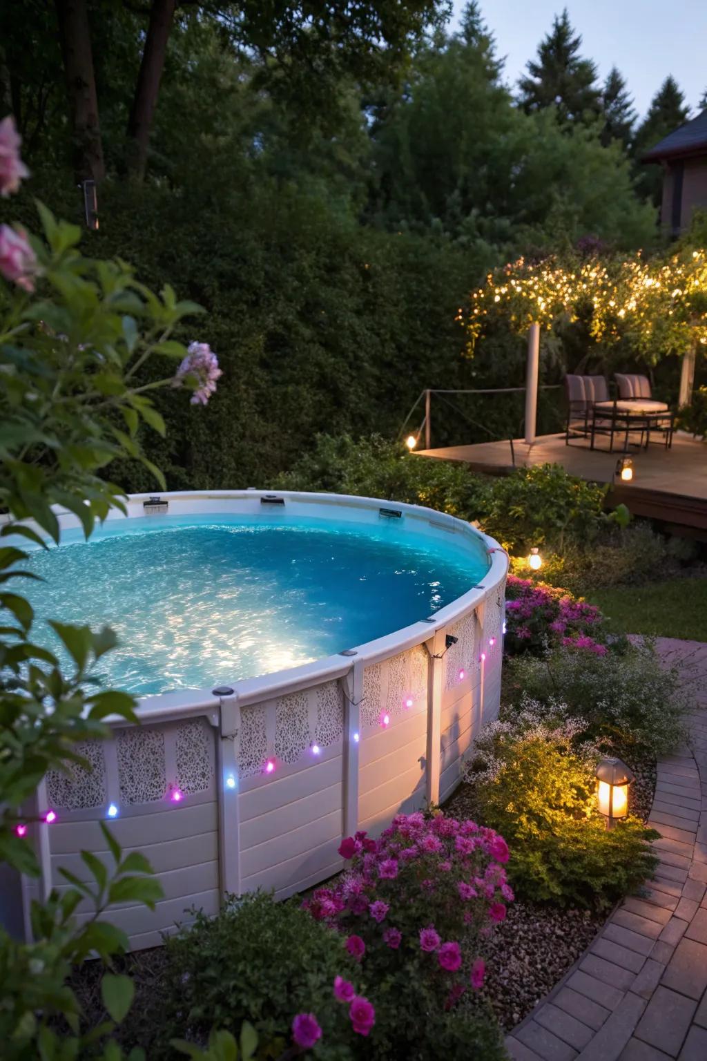 Submersible LED lights create a serene glow for nighttime swims.