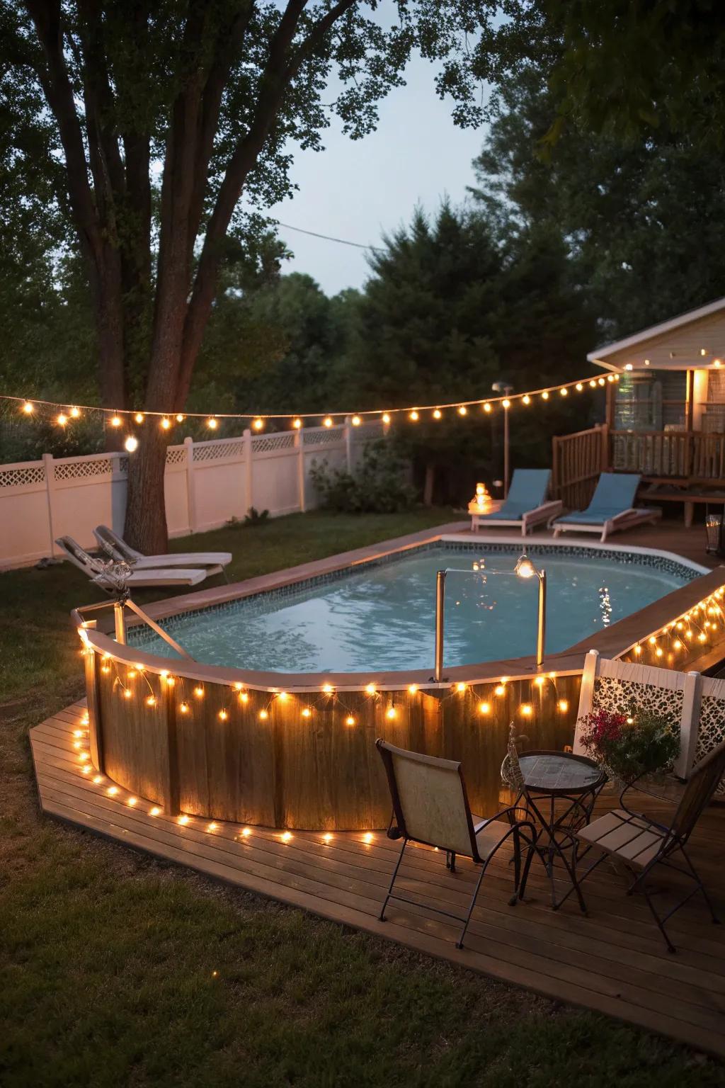 String lights create a festive and welcoming atmosphere around your pool.
