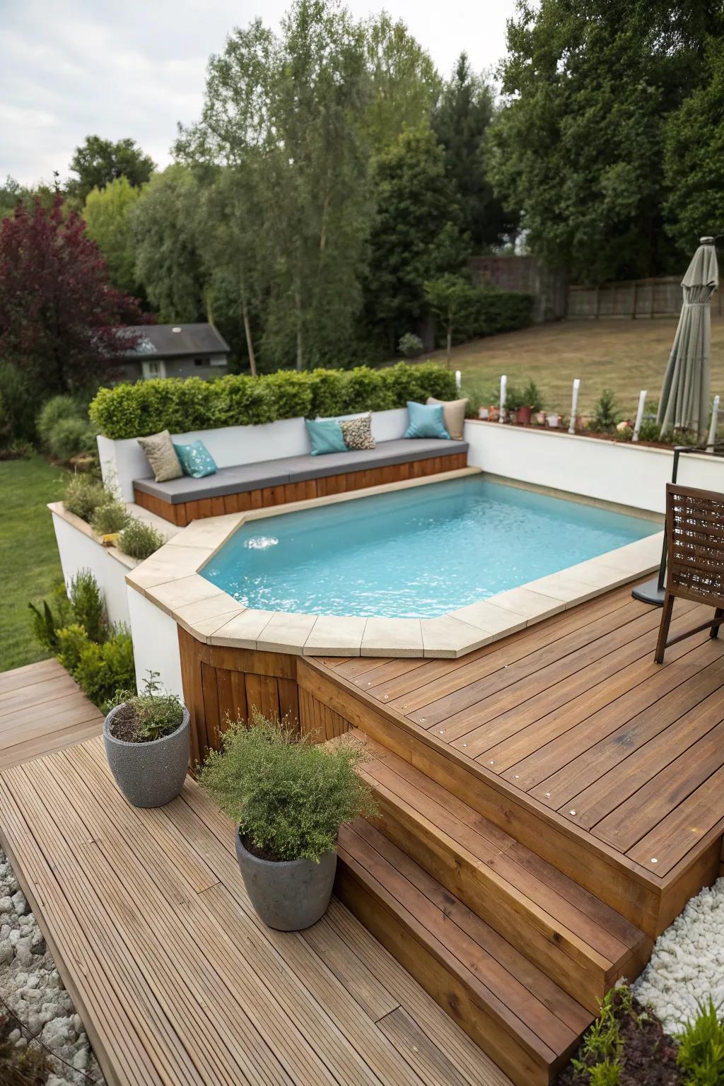 A cozy wooden deck enhancing an above ground pool