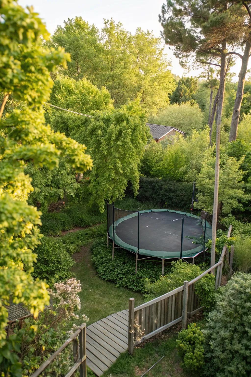 A trampoline nestled among lush trees and shrubs for a seamless garden look.