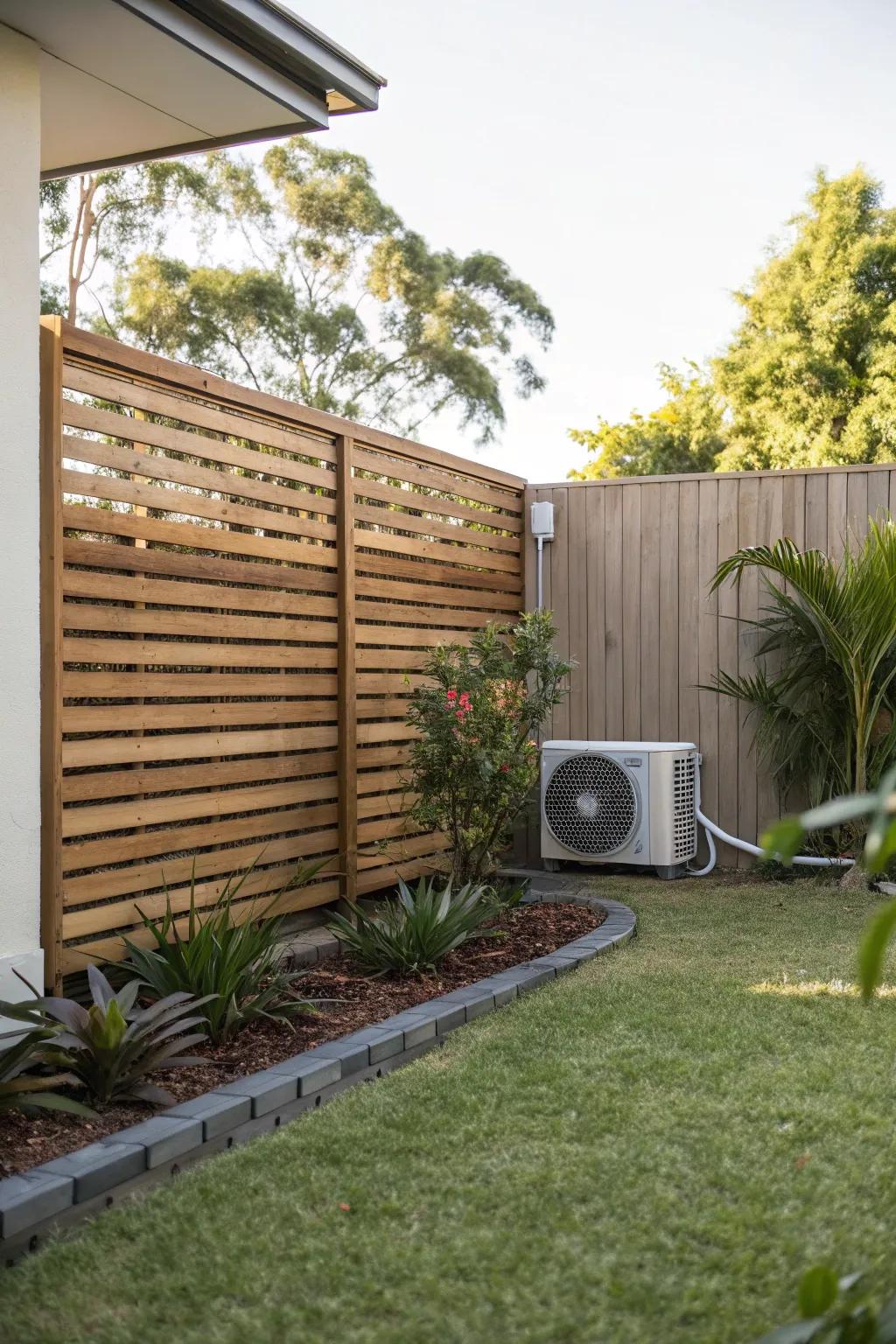 Horizontal wooden slats provide a modern touch to conceal AC units.