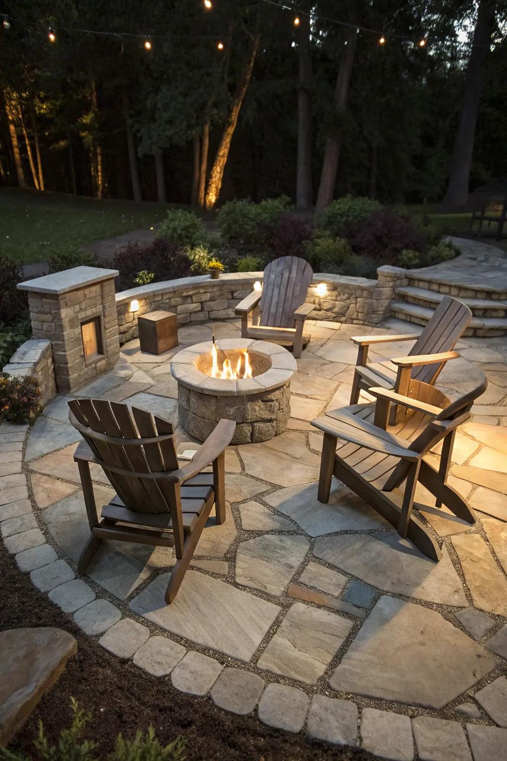 Gather around a fire pit with Adirondack chairs for cozy evenings.