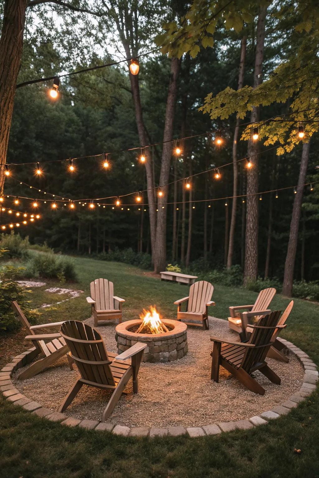 Adirondack chairs create a cozy atmosphere around a fire pit.
