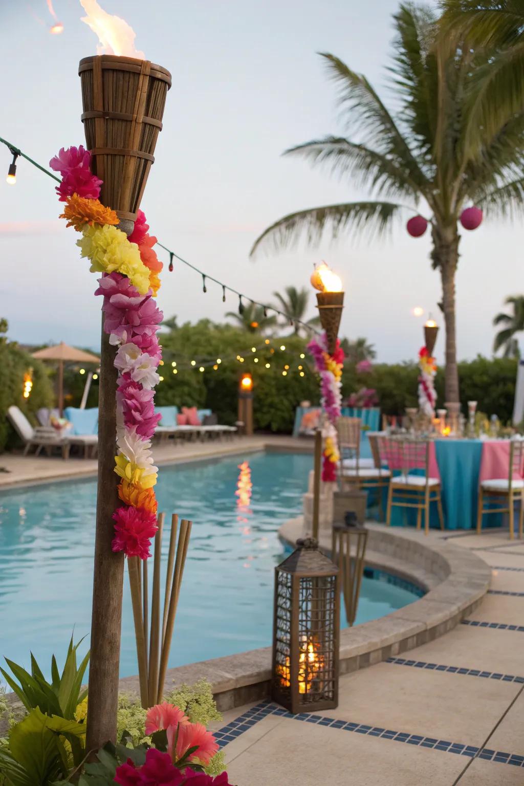 Transform your poolside into a tropical oasis with luau-inspired decor.