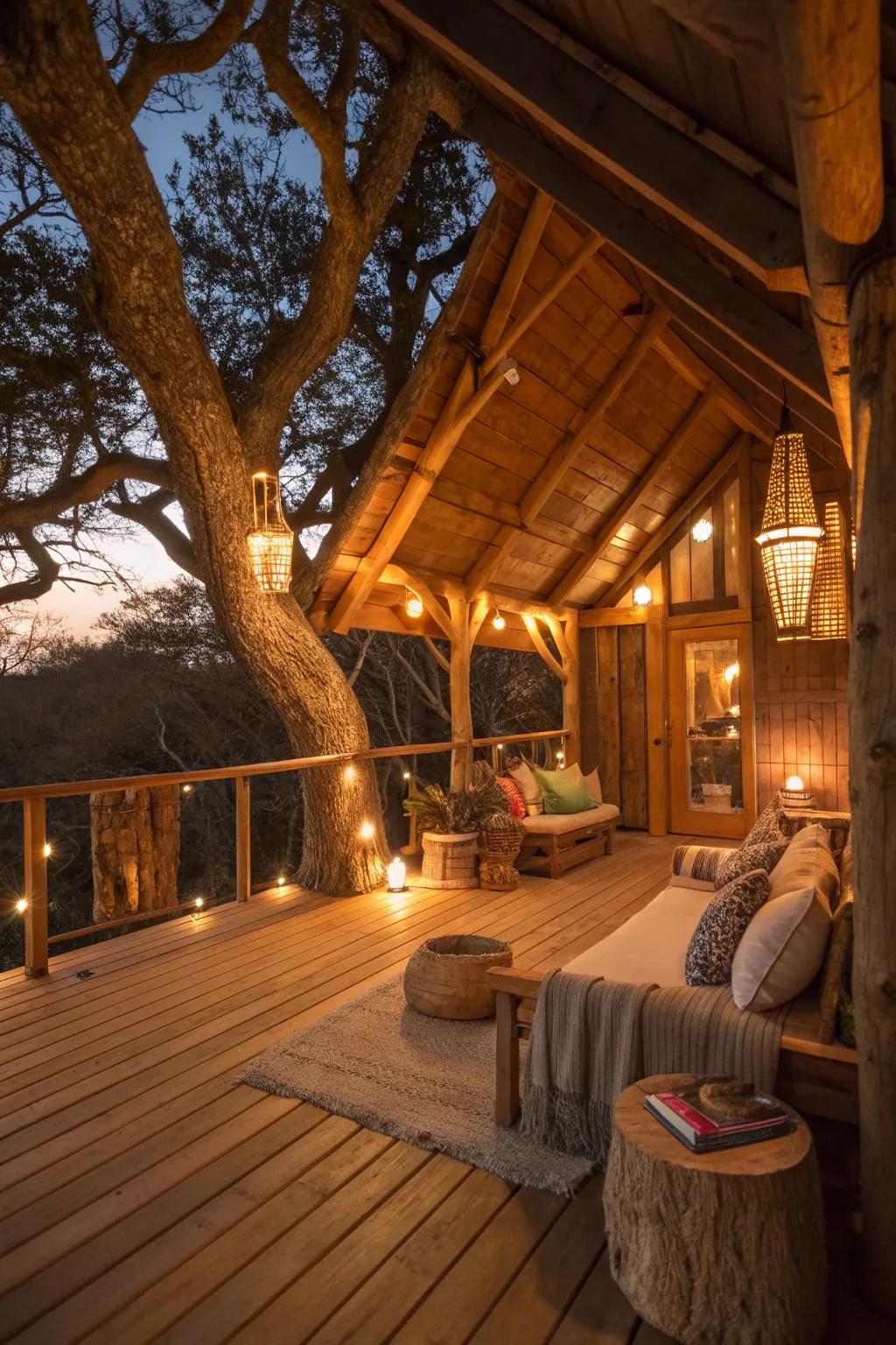 A cozy corner in a rustic luxury treehouse, perfect for relaxation.