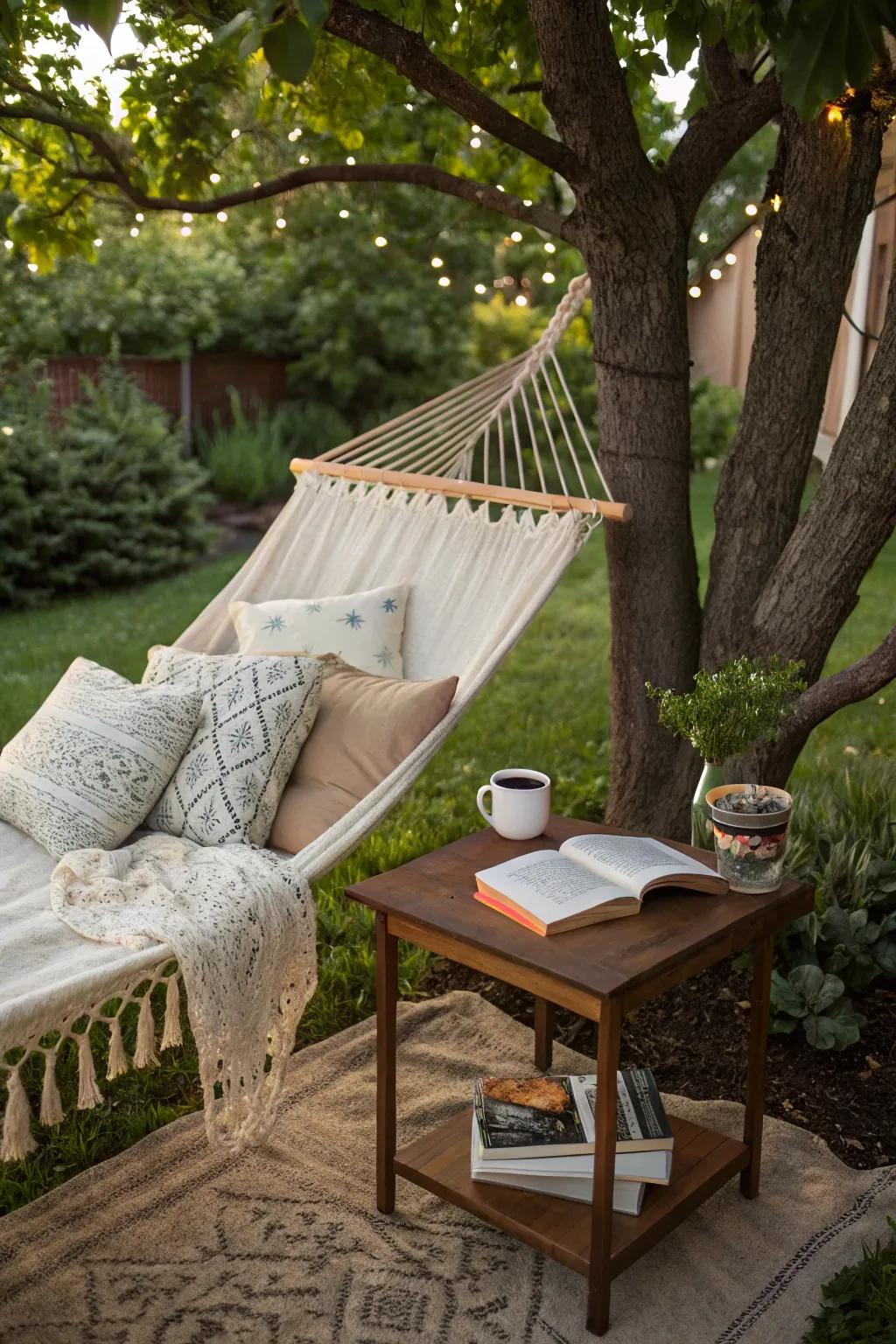 Cozy reading nook with a hammock and soft pillows under a shady tree.