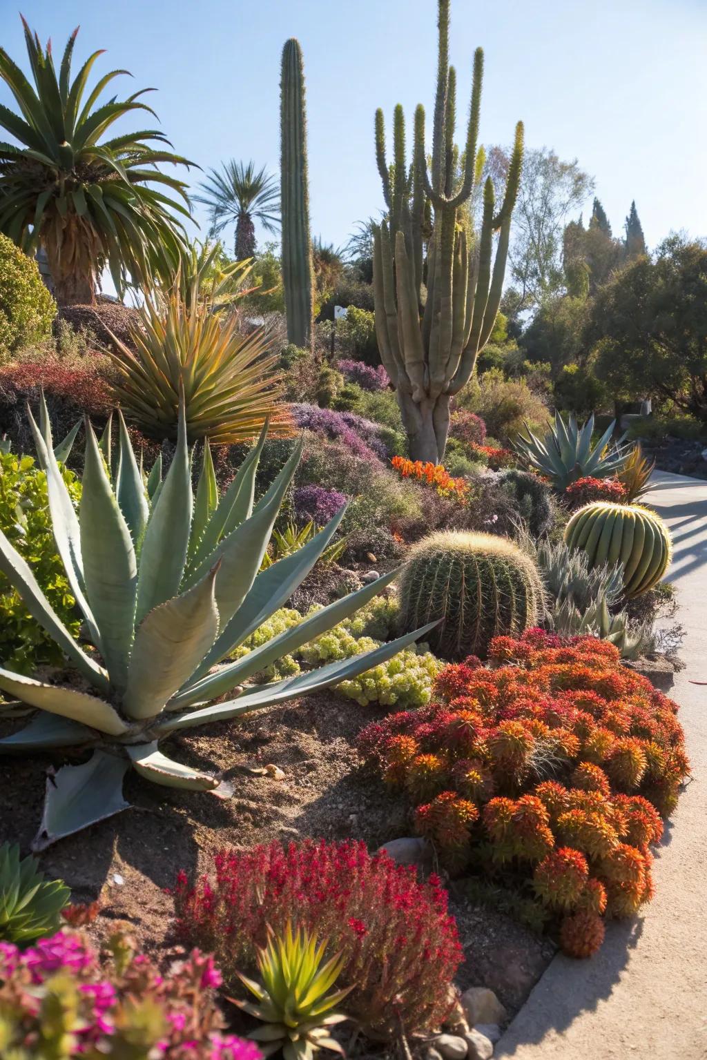 Desert-inspired garden with agave, cacti, and succulents.