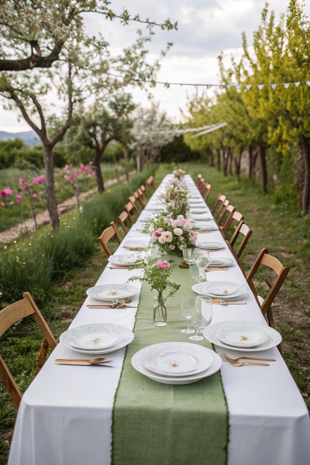 Create a cohesive look with elegant white table settings and a hint of greenery.