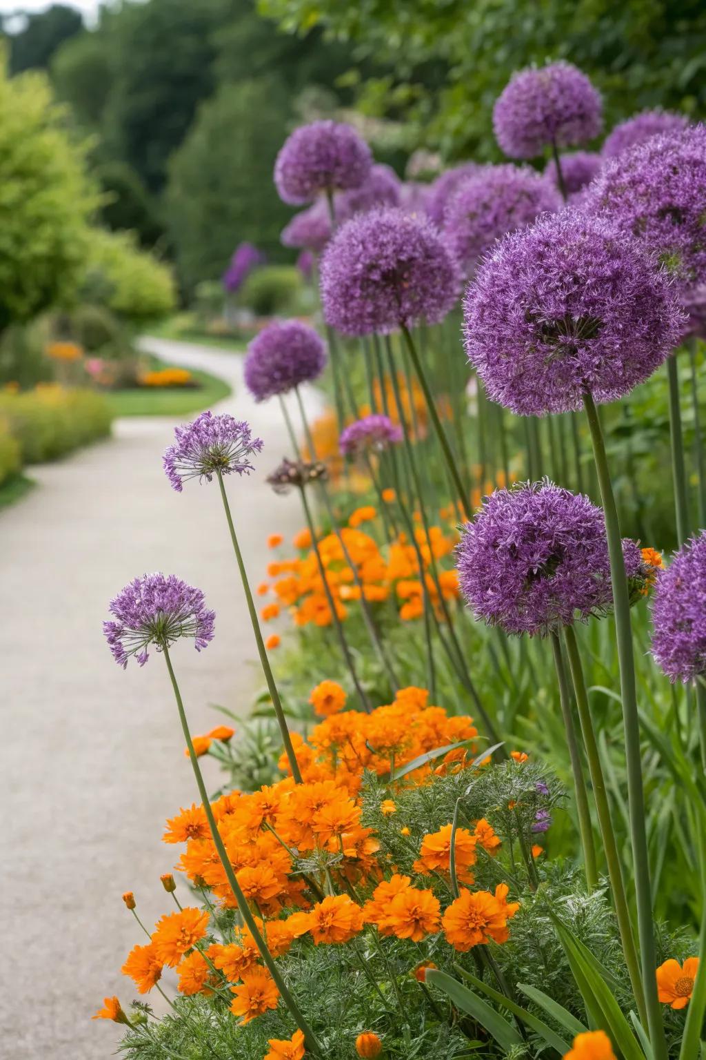 Purple alliums paired with orange geums for a bold garden statement