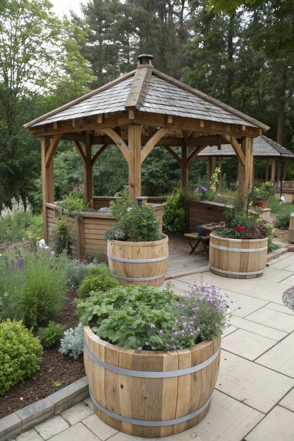 Wooden planters bring a rustic charm while providing solid support.