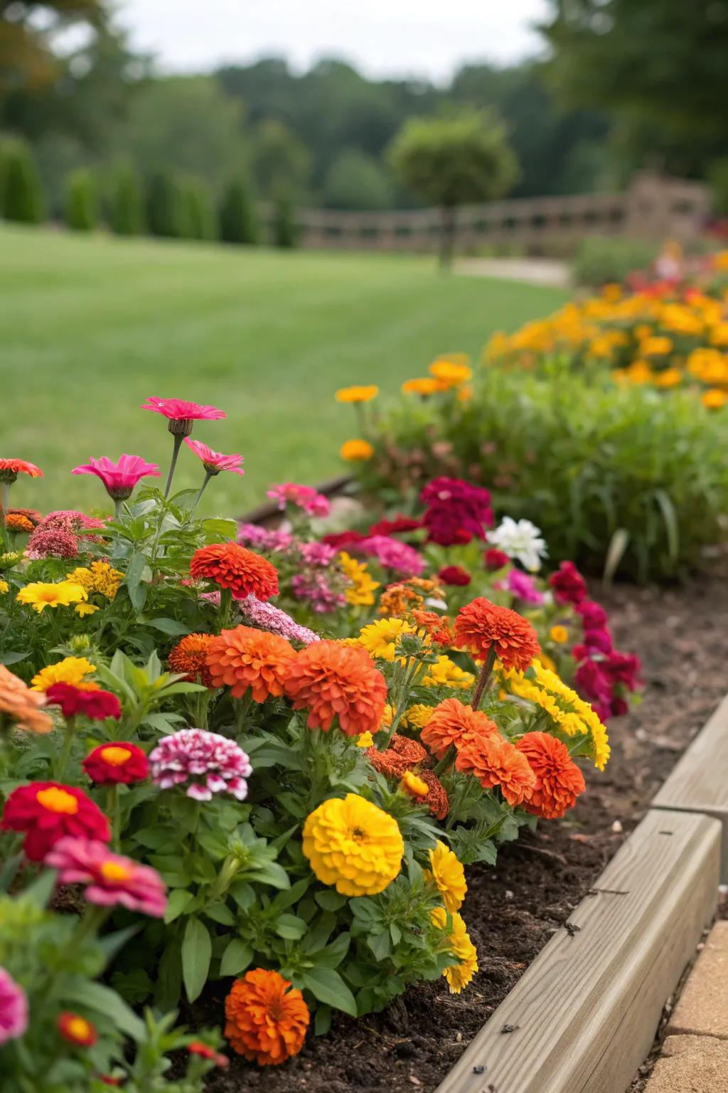 A garden bed transformed into a colorful carpet with zinnias, marigolds, and petunias.