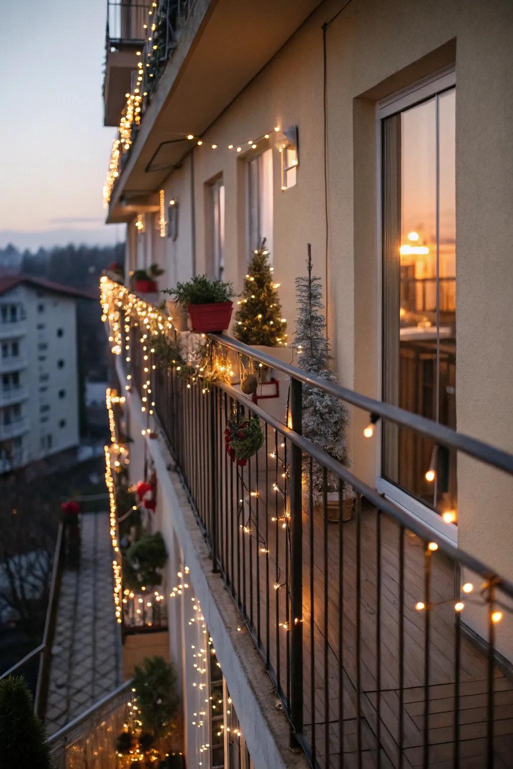 Classic string lights wrapped around balcony railings add a warm, inviting glow.