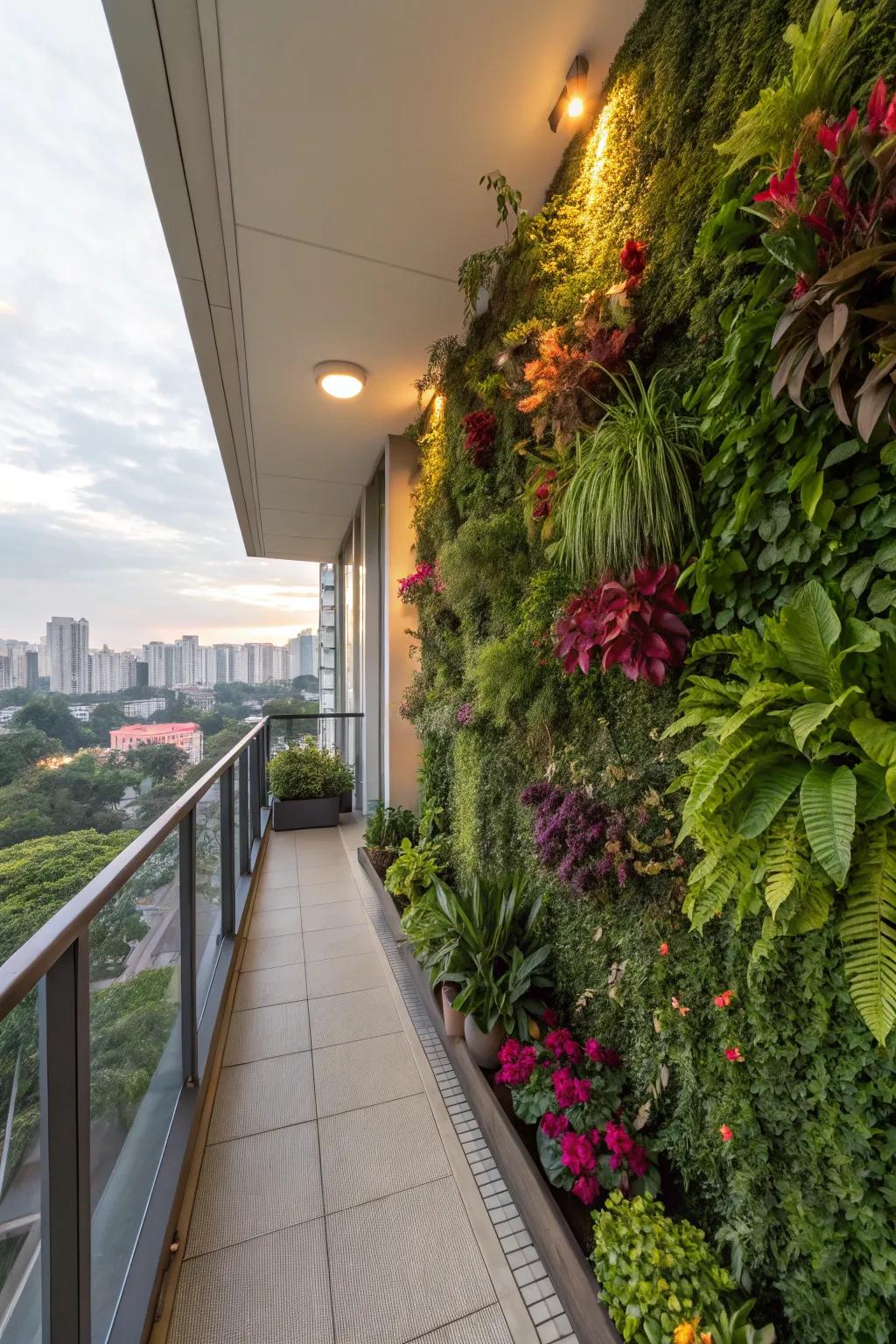A vertical garden wall provides both privacy and greenery on your balcony.