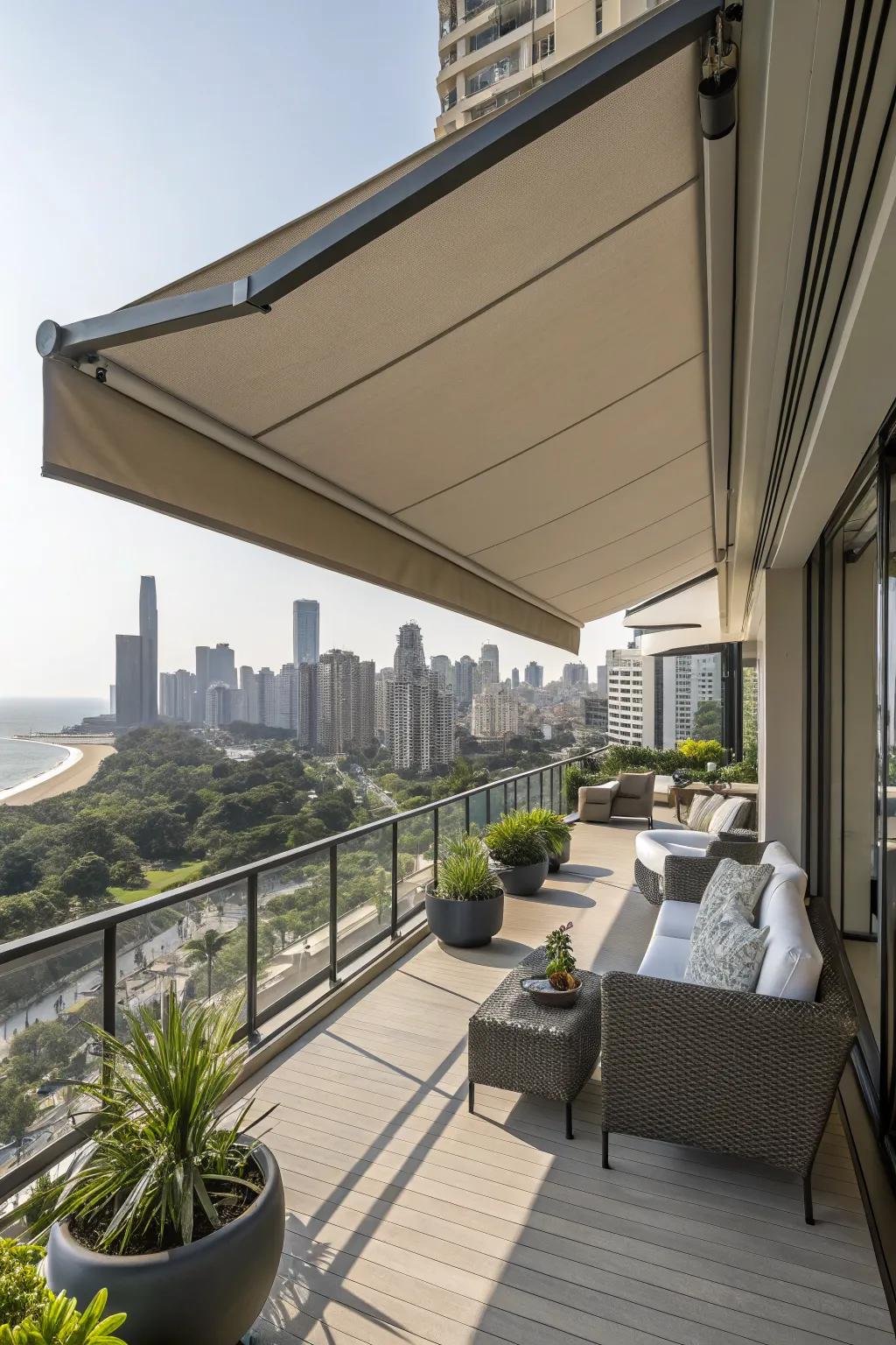 Retractable awnings provide flexible shade solutions for any balcony size.