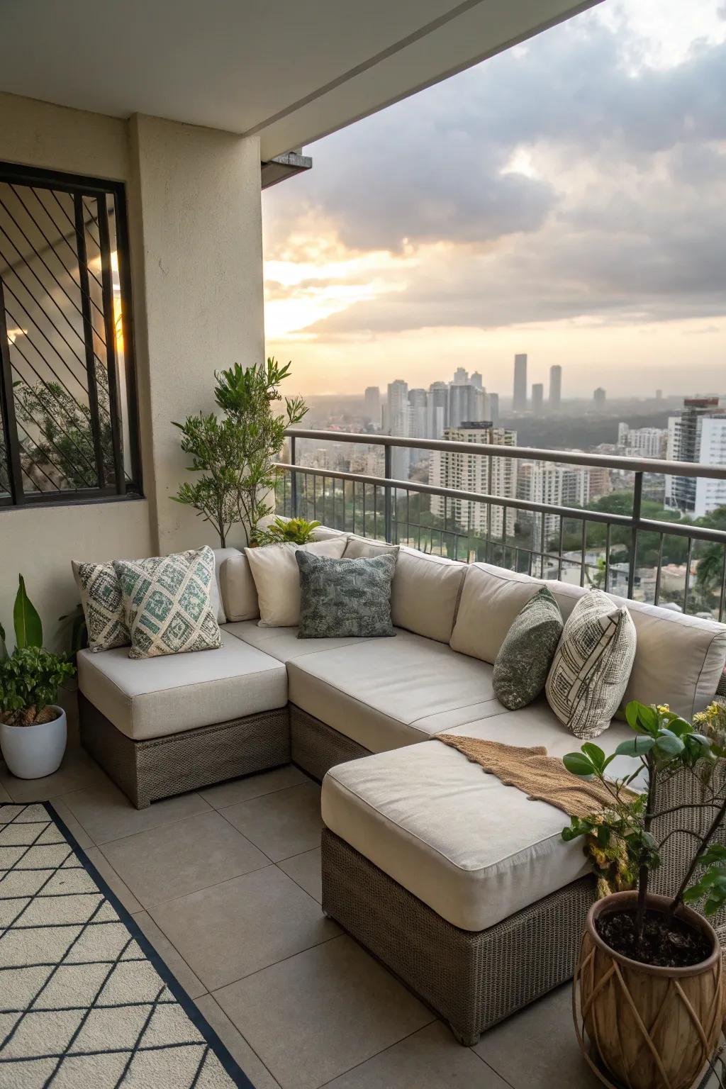 A compact L-shaped sectional transforming a small balcony into a cozy retreat.