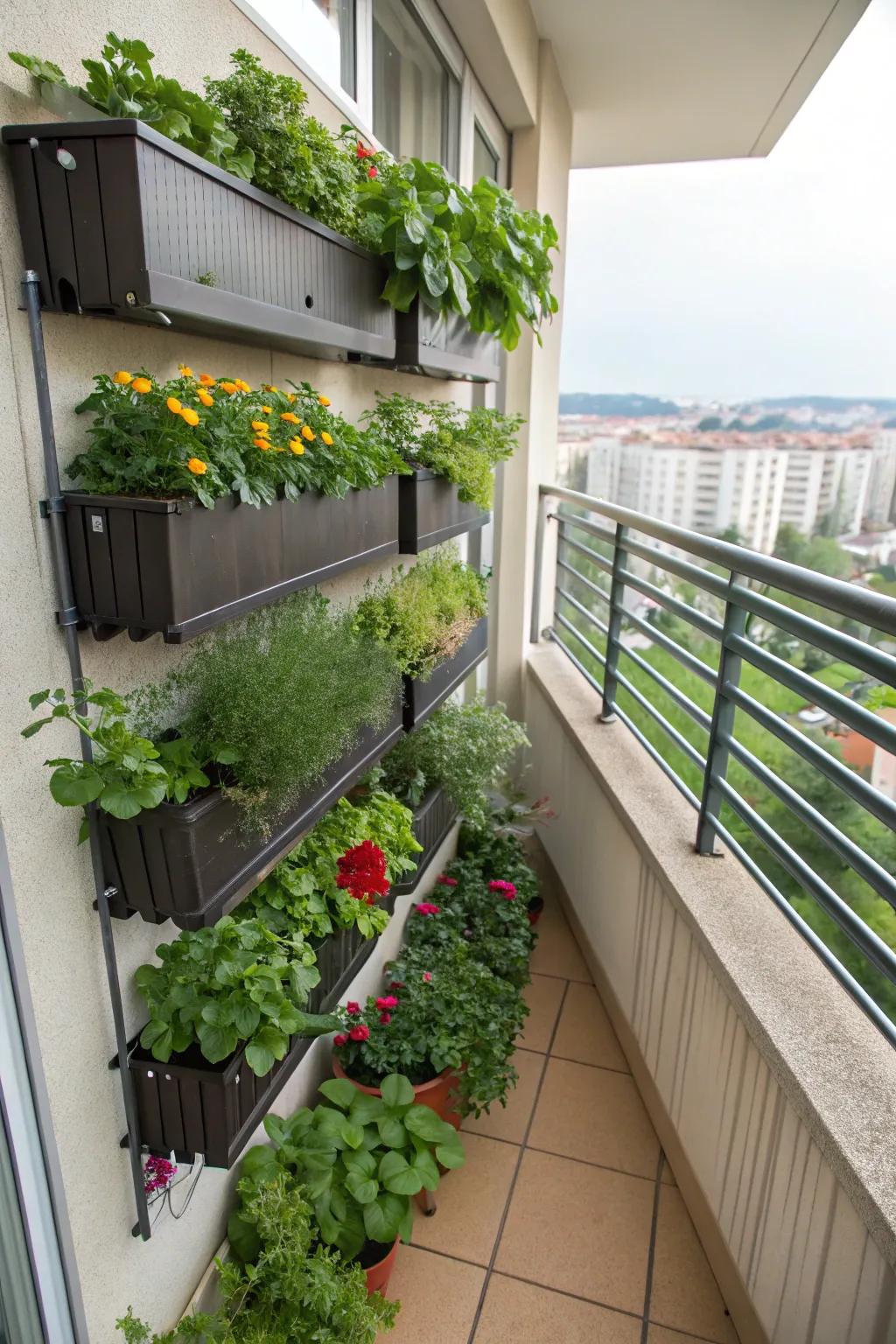 Maximize your balcony space by growing upwards with a stunning vertical garden.