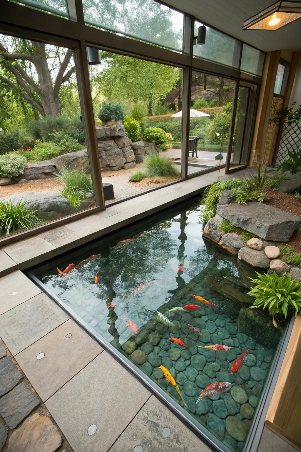 A seamless blend of indoor and outdoor pond spaces.