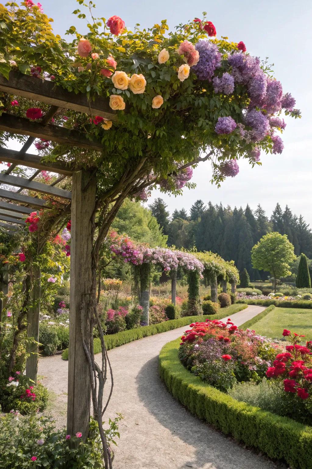 An arbor adorned with vibrant flowers creates a romantic ambiance.