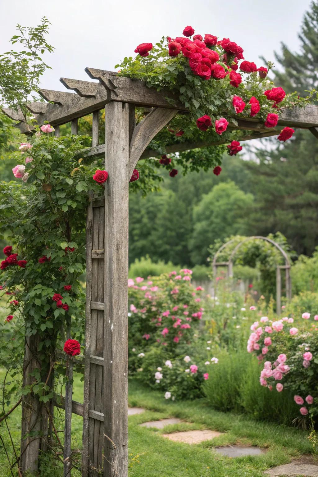 Rustic wooden arbor adorned with climbing roses, creating a charming garden entryway.