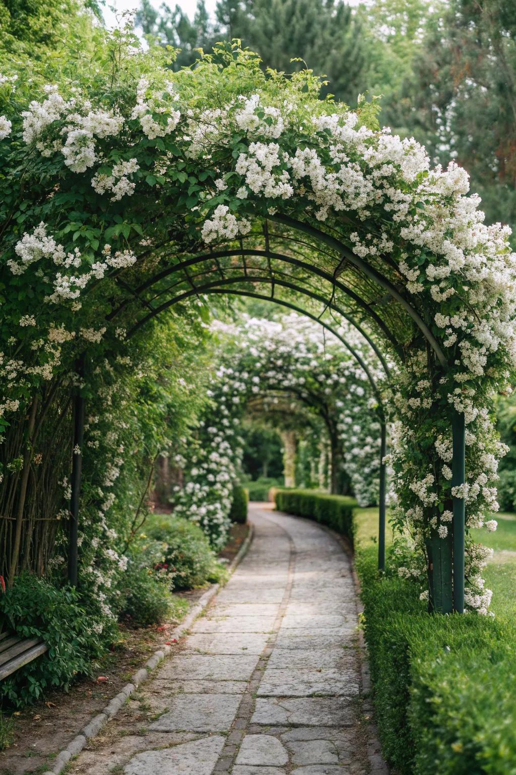 A garden entrance with a jasmine-covered arch trellis.