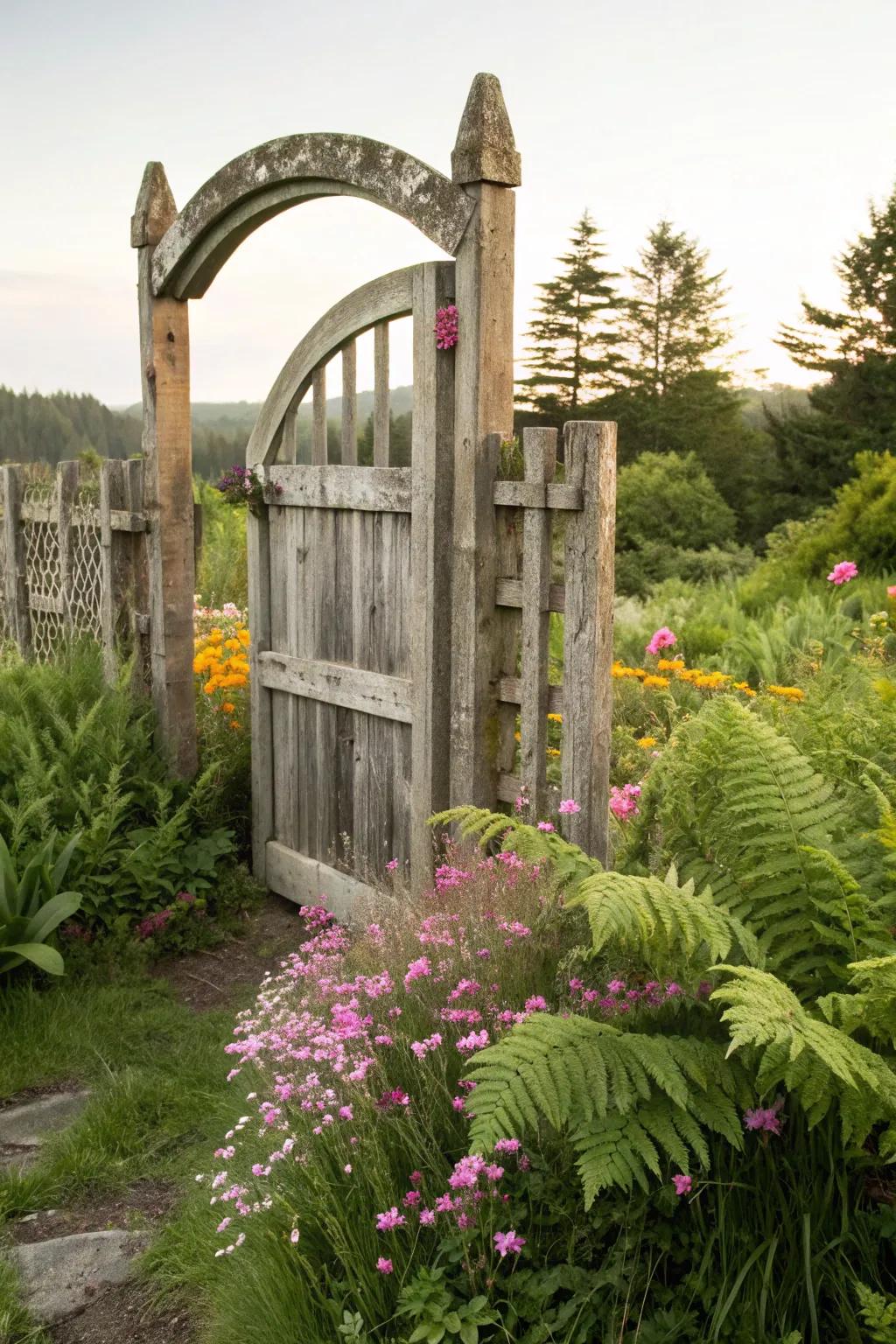 A rustic wooden arched gate, inviting you into a lush garden.