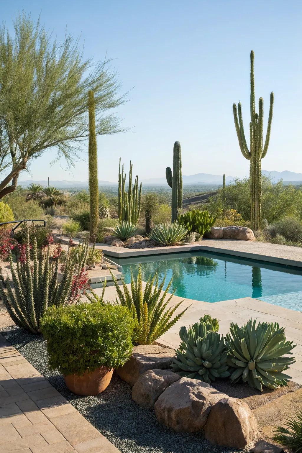 Desert plants add color and resilience to the poolside environment.