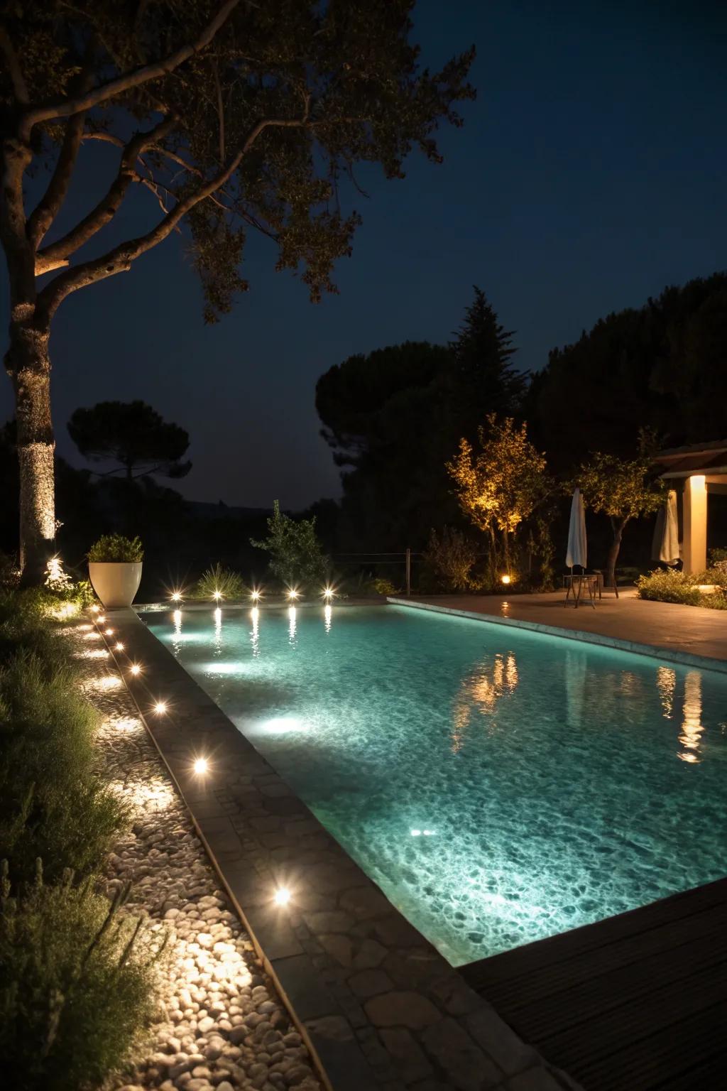 Integrated lights create a soft glow, making your pool the star of the night.