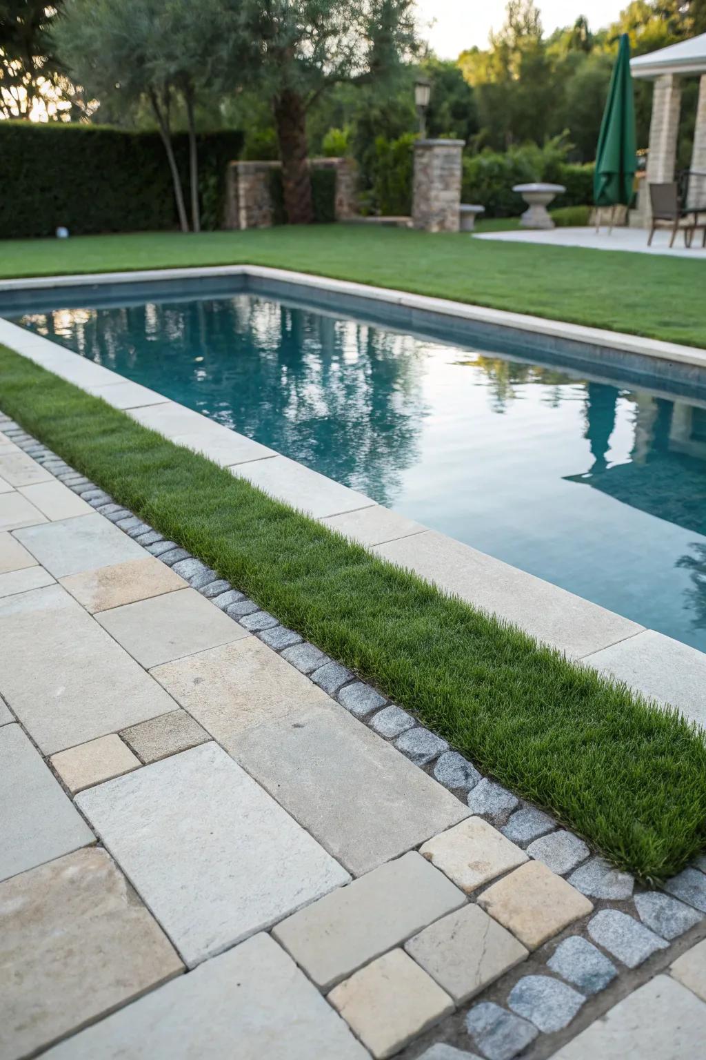 Achieve a modern look with clean edges of artificial grass around your pool.