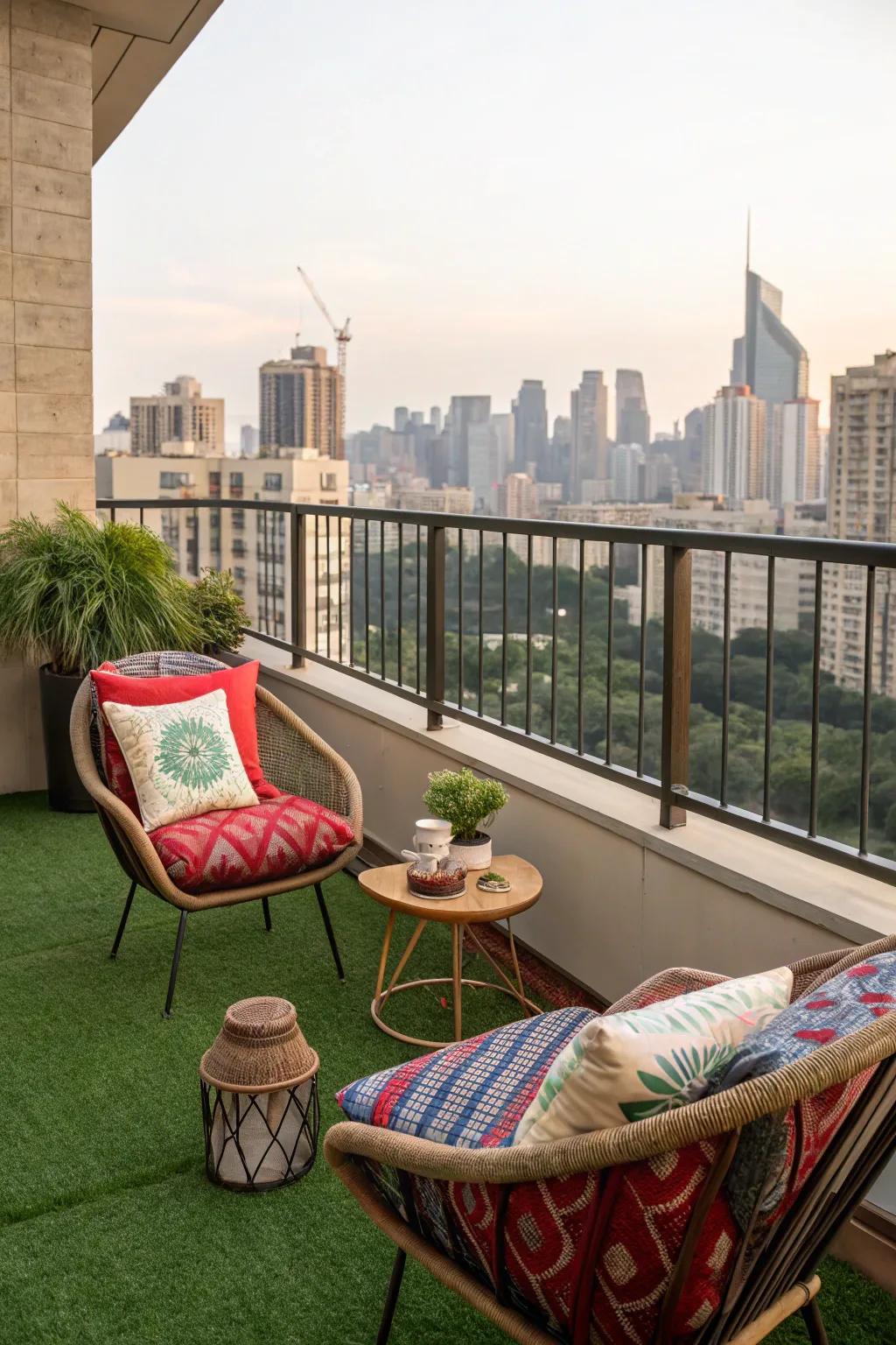 Create a comfortable seating area with artificial grass underfoot.