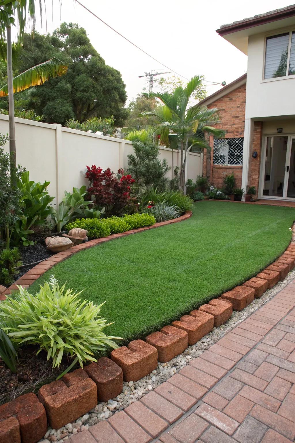 Clean borders using bricks give your artificial grass a neat and organized appearance.