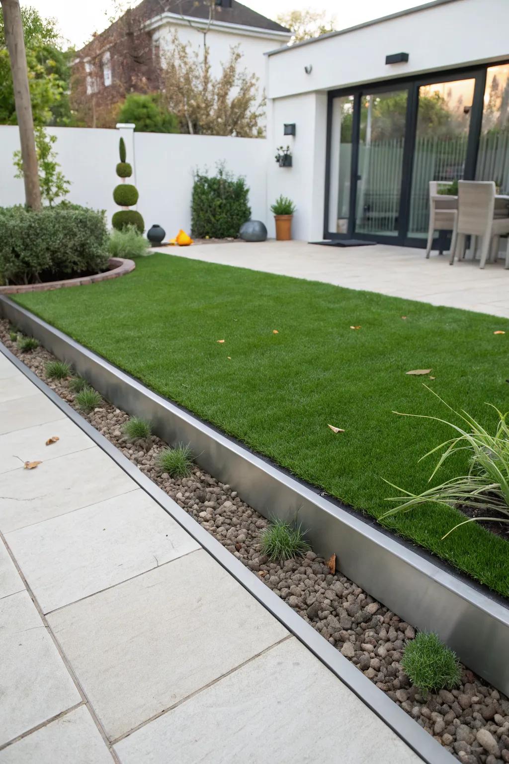 Modern garden with artificial turf bordered by sleek metal strips.