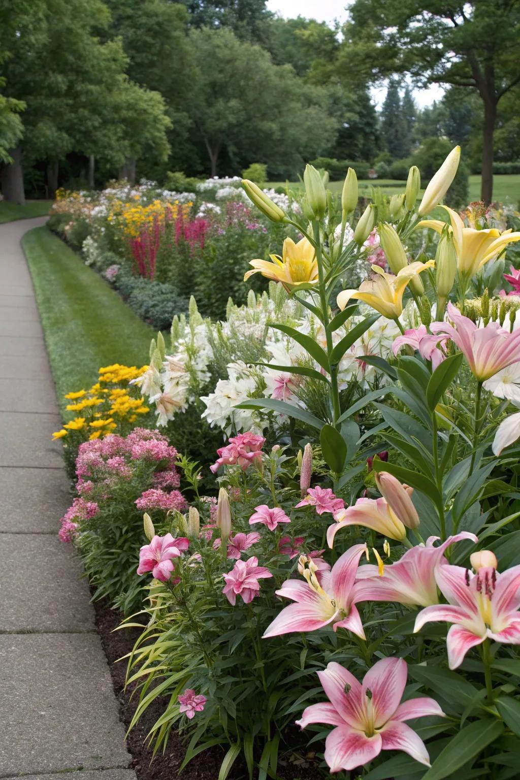 A mixed border with Asiatic lilies and perennials for a vibrant display.