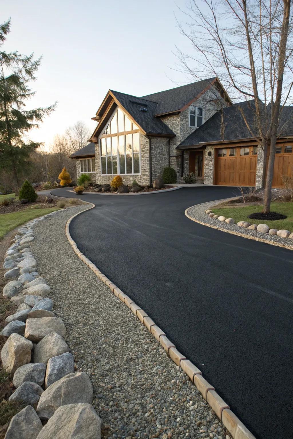 An asphalt driveway elegantly framed with decorative stone edging.